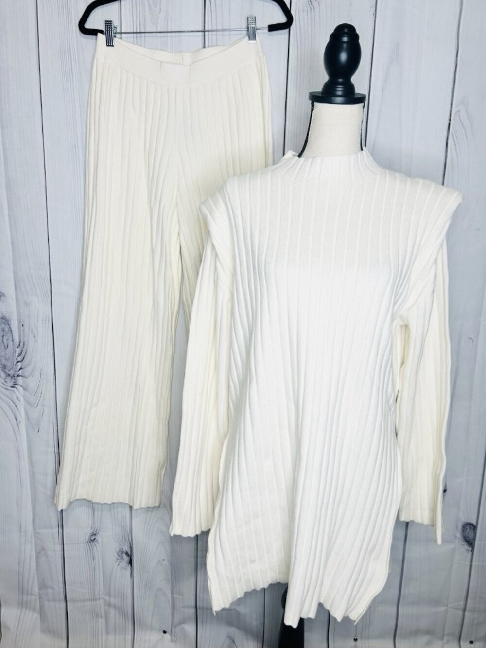 NWT Dressed in LaLa New Era Ribbed Long Sleeve High Rise Wide Leg Set Ivory Sz L